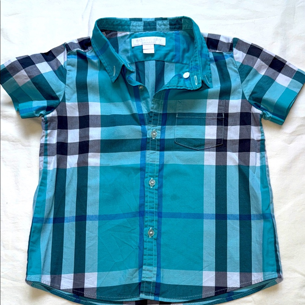Burberry Teal and Navy Plaid Kids Button Down Shirt size 3Y